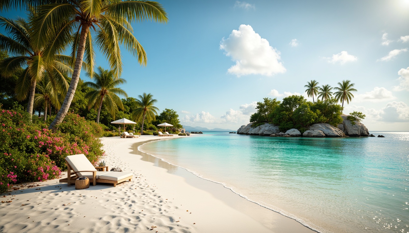 Prompt: Vibrant tropical island, crystal-clear turquoise waters, powdery white sandy beach, lush green palm trees, exotic floral arrangements, warm sunny day, soft golden lighting, pastel color scheme, creamy whites, blush pinks, minty greens, coral oranges, iridescent blues, metallic gold accents, natural textures, subtle gradient effects, 3D rendering, realistic reflections, shallow depth of field, panoramic view.