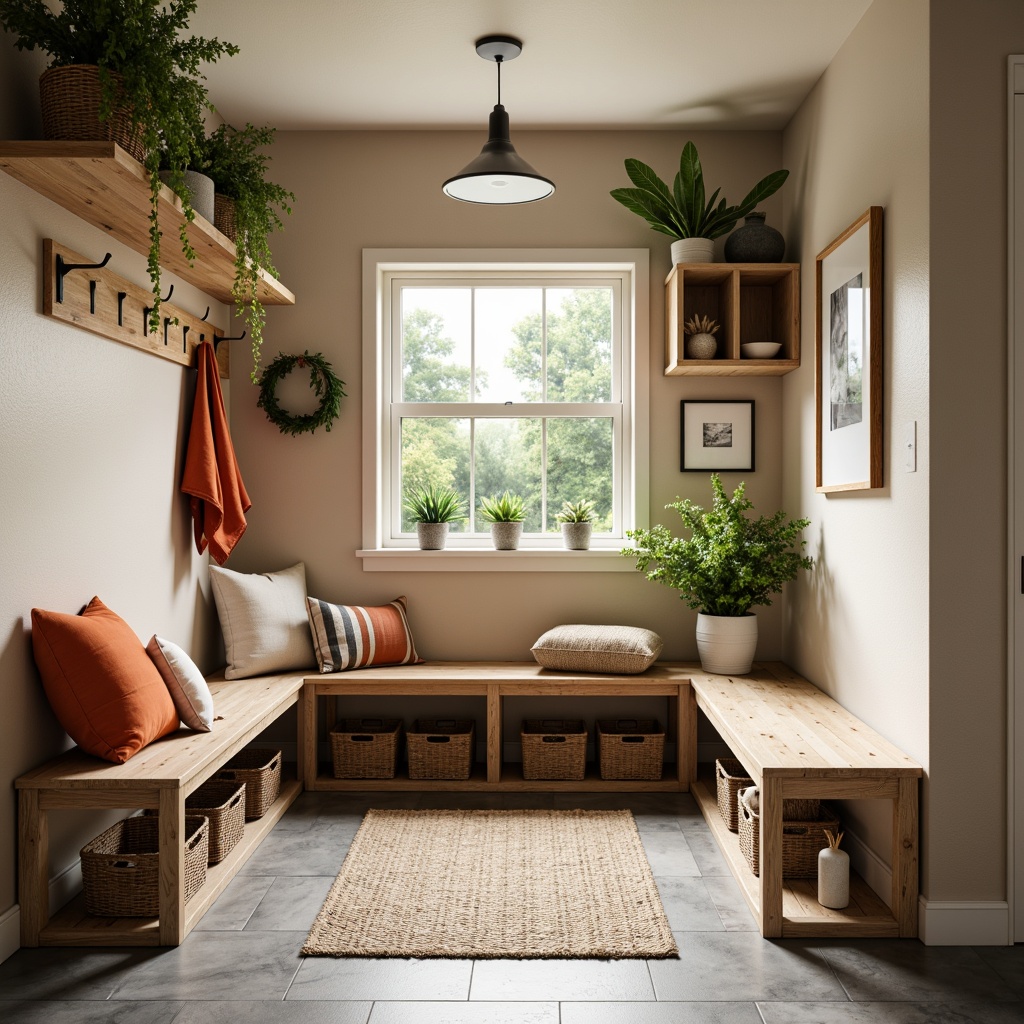 Prompt: Cozy mudroom, earthy tones, natural materials, rustic wooden benches, woven baskets, warm beige walls, soft gray floors, calming green accents, vibrant orange pops, industrial metal hooks, functional storage units, modern farmhouse style, abundant natural light, shallow depth of field, 1/2 composition, realistic textures, ambient occlusion.