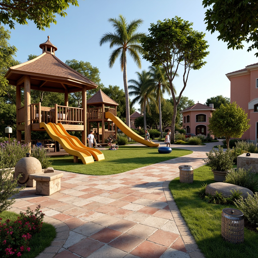 Prompt: Vibrant play area, Mediterranean-style gazebo, colorful ceramic tiles, wooden playground equipment, curved slides, wavy climbing frames, soft plush turf, rustic stone benches, ornate metal lanterns, fragrant herb gardens, bright blooming flowers, sunny warm lighting, shallow depth of field, 3/4 composition, panoramic view, realistic textures, ambient occlusion.