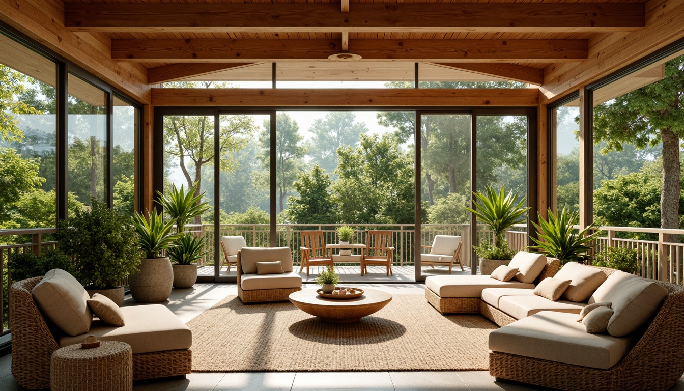 Prompt: Vibrant sunroom, abundant natural light, mid-century modern style, sleek wooden beams, large windows, sliding glass doors, lush greenery, potted plants, comfortable wicker furniture, plush cushions, warm earthy tones, organic textures, geometric patterns, minimalist decor, soft warm lighting, shallow depth of field, 3/4 composition, panoramic view, realistic materials, ambient occlusion.