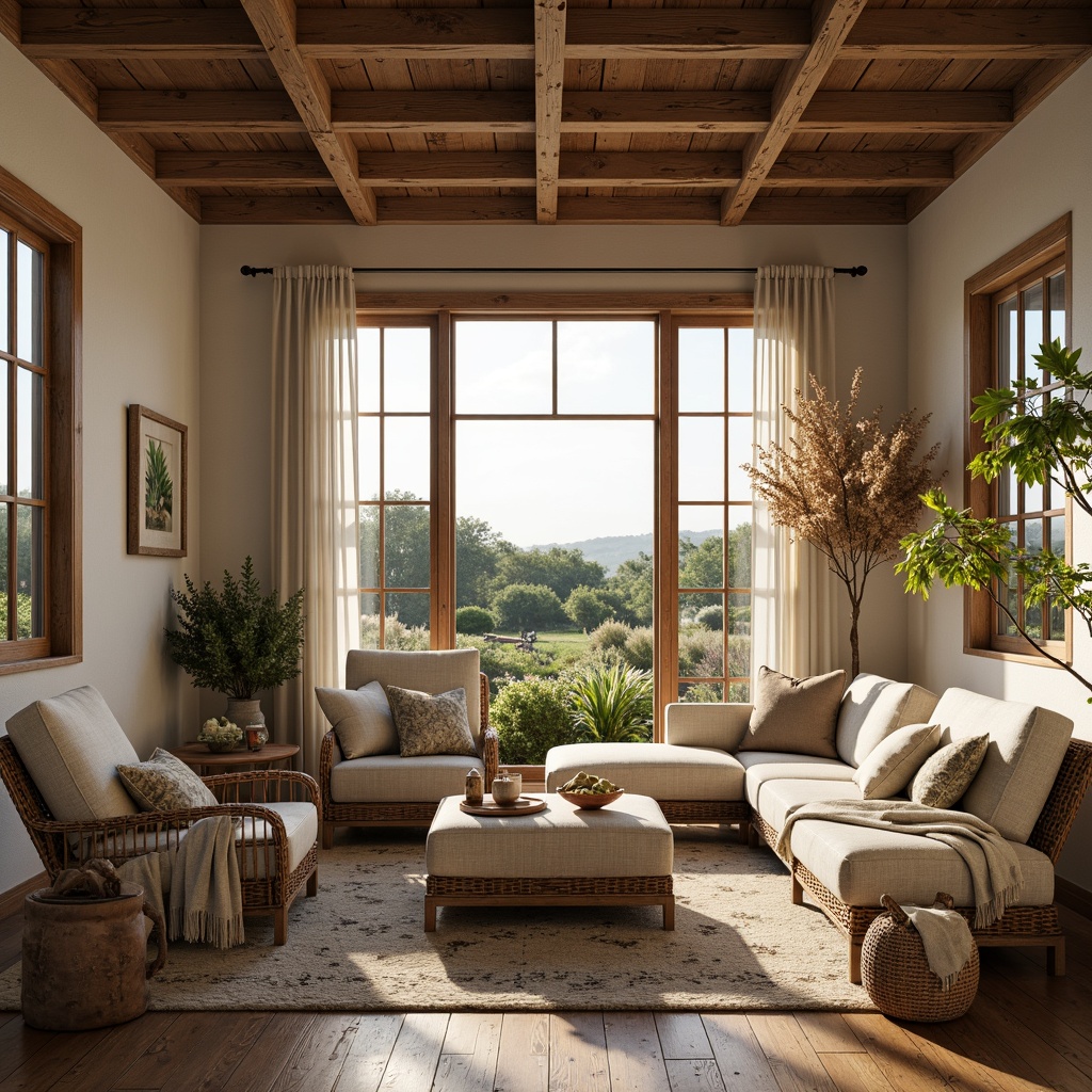 Prompt: Cozy farmhouse living room, plush throw blankets, natural linen fabrics, woven wicker furniture, vintage rustic decor, earthy color palette, reclaimed wood accents, soft warm lighting, comfortable oversized armchairs, lush greenery, botanical prints, distressed finishes, organic textures, natural materials, rural landscape views, sunny afternoon, gentle warm breeze, 1/1 composition, realistic render, ambient occlusion.