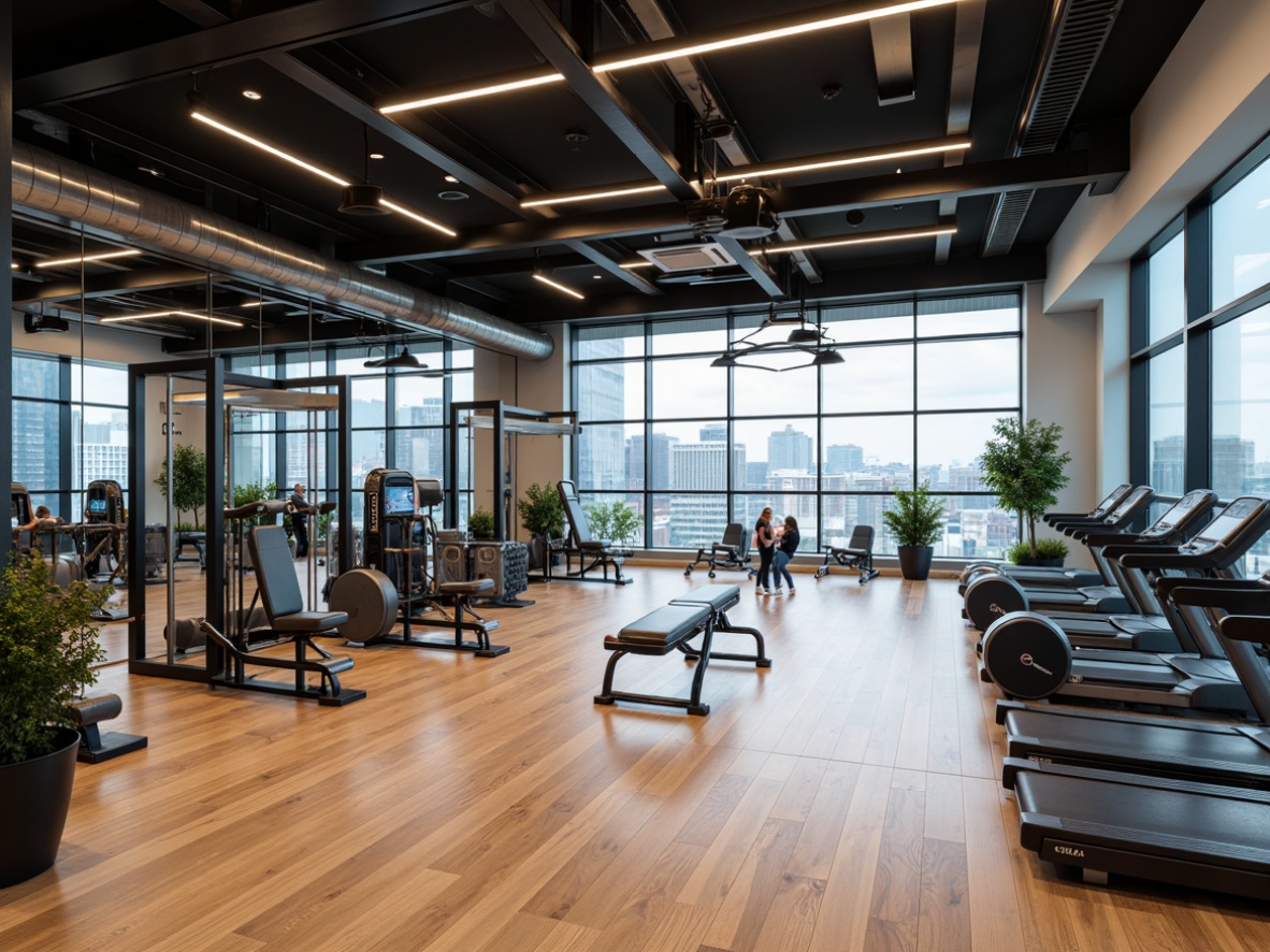 Prompt: Modern fitness studio, sleek metal frames, polished wooden floors, mirrored walls, minimalist decor, state-of-the-art cardio machines, interactive treadmills, virtual reality workout experiences, free weights, kettlebells, resistance bands, adjustable benches, functional training zones, group fitness areas, calming color schemes, soft ambient lighting, ventilation systems, sound-absorbing materials, floor-to-ceiling windows, natural light, panoramic city views, 1/1 composition, shallow depth of field.