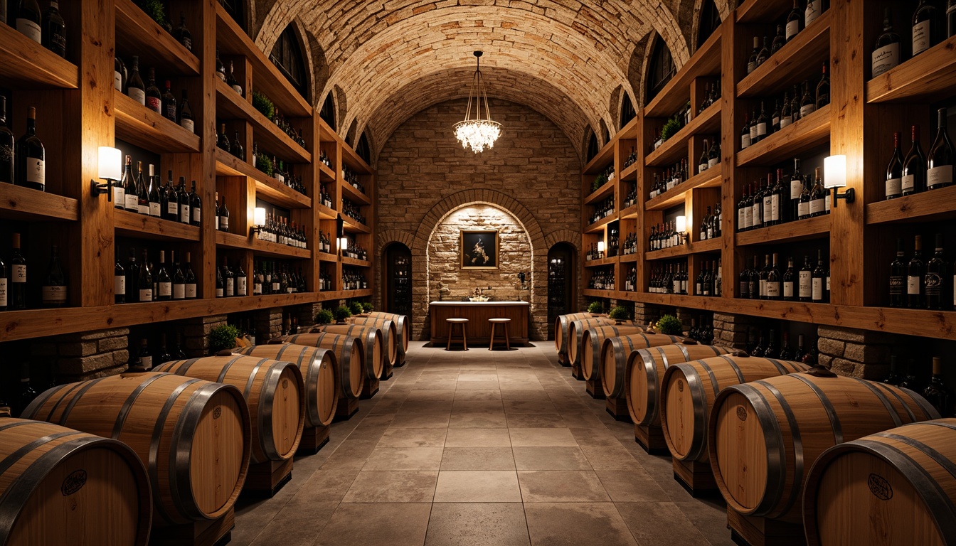 Prompt: Luxurious wine cellar, ornate wooden racks, vintage wine barrels, dimly lit ambiance, rich wood tones, intricate carvings, grand chandelier, stone walls, rustic brick arches, climate-controlled environment, precise temperature regulation, humidity management systems, soft warm lighting, 3/4 composition, realistic textures, ambient occlusion.