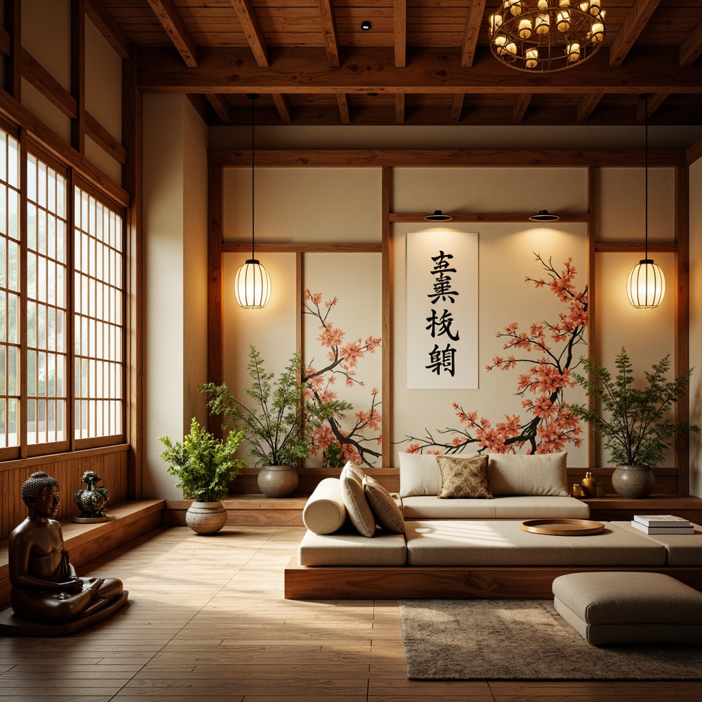 Prompt: Traditional Japanese shoji screens, natural wood accents, hand-painted cherry blossom murals, elegant kanji calligraphy, subtle silk fabrics, warm paper lanterns, minimalist stone sculptures, serene Buddha statues, intricate oriental patterns, soft golden lighting, shallow depth of field, 1/1 composition, realistic textures, ambient occlusion.