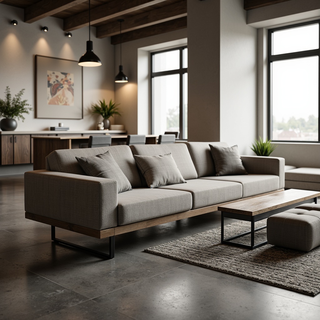 Prompt: Sleek low-profile sofa, tufted upholstery, reclaimed wood coffee table, minimalist metal legs, industrial-chic lighting fixtures, polished concrete floors, neutral color palette, geometric patterned rug, functional storage ottoman, floor-to-ceiling windows, natural daylight, subtle texture contrasts, warm ambient lighting, shallow depth of field, 1/2 composition, realistic material rendering.