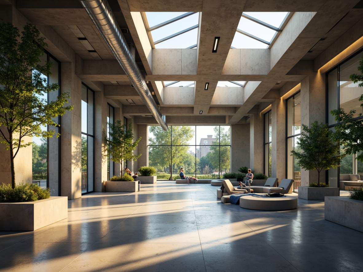 Prompt: Natural light-filled atrium, open floor plan, minimal obstruction, clerestory windows, skylights, solar tubes, reflective surfaces, polished concrete floors, exposed ductwork, industrial chic aesthetic, urban loft atmosphere, morning sunlight, soft warm glow, shallow depth of field, 1/1 composition, realistic textures, ambient occlusion.