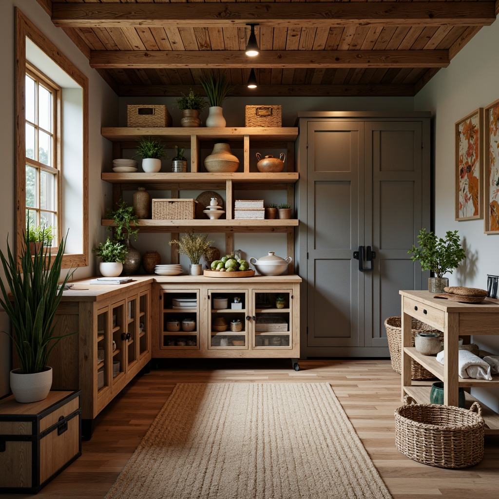 Prompt: Cozy storage room, wooden shelving units, metal cabinets, woven baskets, rustic crates, vintage trunks, soft warm lighting, earthy color palette, natural textiles, industrial-chic decor, reclaimed wood accents, distressed finishes, functional layouts, ample storage space, hidden compartments, sliding doors, adjustable shelves, modern minimalist aesthetic, Scandinavian-inspired design, calming atmosphere, 1/1 composition, shallow depth of field, realistic textures.