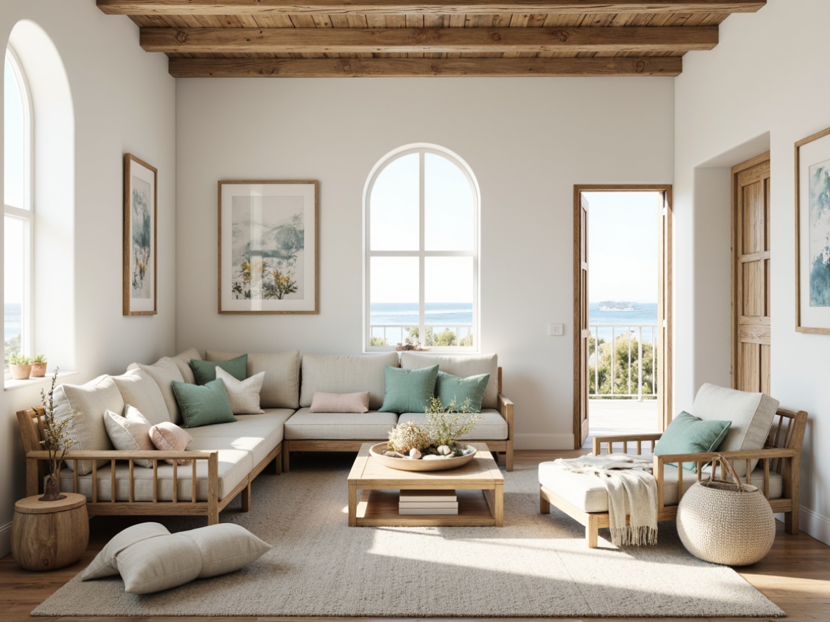 Prompt: Calming coastal ambiance, soft sandy neutrals, seafoam greens, gentle blues, weathered wood accents, natural textiles, woven fibers, ocean-inspired hues, subtle coral pinks, creamy whites, shell-like shapes, driftwood decor, nautical navy tones, sunny warm lighting, airy atmosphere, minimalist styling, beachy vibe, distressed finishes, organic elements, serene color harmony.