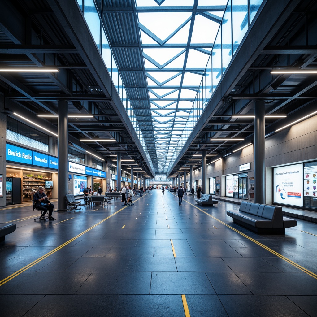 Prompt: Futuristic bus station interior, sleek metallic surfaces, neon-lit LED strips, holographic displays, minimalist benches, angular support columns, transparent glass roofs, vast open spaces, high ceilings, innovative ventilation systems, air purification units, motion-sensitive lighting, dynamic digital signage, futuristic information kiosks, automated ticketing machines, modern ergonomic seating, ambient occlusion, shallow depth of field, 3/4 composition, panoramic view.