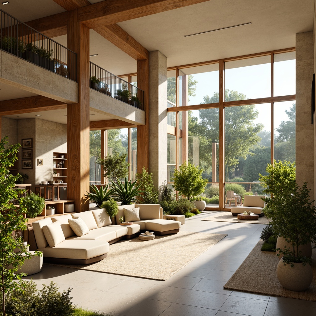 Prompt: Vibrant open space, floor-to-ceiling windows, natural stone walls, wooden accents, minimalist decor, greenery, living plants, warm beige tones, soft warm lighting, gentle shadows, 1/1 composition, shallow depth of field, realistic textures, ambient occlusion, morning sunlight, afternoon glow, sunset ambiance.