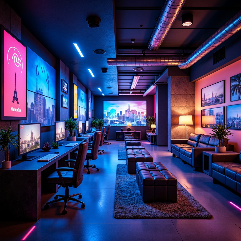 Prompt: Vibrant game room, neon-lit walls, color-changing LED lights, ambient floor lamps, futuristic console tables, sleek gaming chairs, high-tech sound systems, immersive virtual reality setups, dimmable overhead lighting, accent spotlights, cozy corner lounges, bold geometric patterns, electric blue accents, metallic textures, modern minimalist decor, panoramic cityscape views, warm atmospheric glow, 1/1 composition, shallow depth of field.