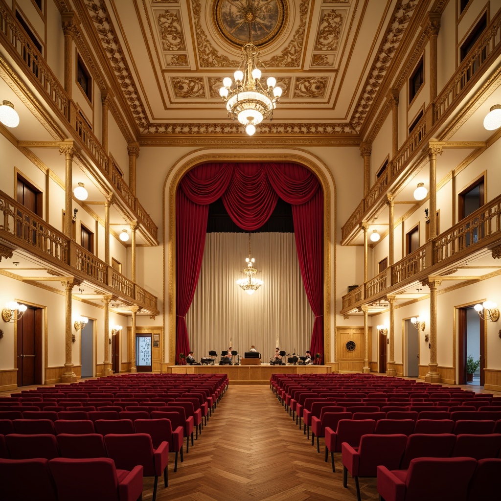 Prompt: Grand concert hall, ornate golden details, rich velvet curtains, soft cream walls, elegant chandeliers, polished wooden floors, majestic columns, intricate moldings, subtle beige accents, warm soft lighting, shallow depth of field, 1/1 composition, symmetrical framing, realistic textures, ambient occlusion, opulent red seats, lavish drapery, sophisticated sound systems, refined acoustic design.