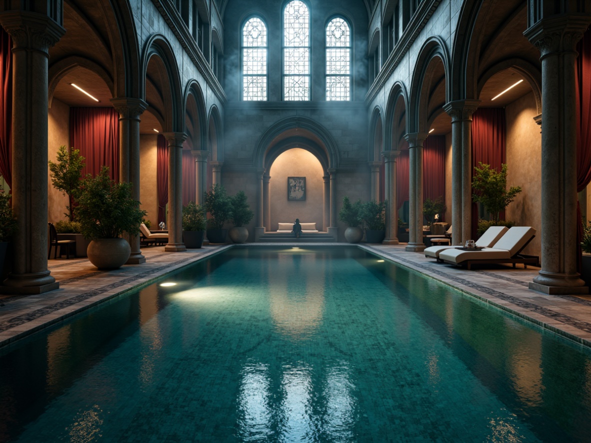 Prompt: Mysterious Gothic swimming pool, grand arches, ornate stone carvings, stained glass windows, misty atmosphere, soft warm lighting, subtle shadows, dramatic spotlights, gleaming water reflections, intricate tile patterns, luxurious lounge chairs, rich velvet drapes, mystical ambiance, eerie sounds, 3/4 composition, low-key lighting, cinematic mood, high-contrast textures.