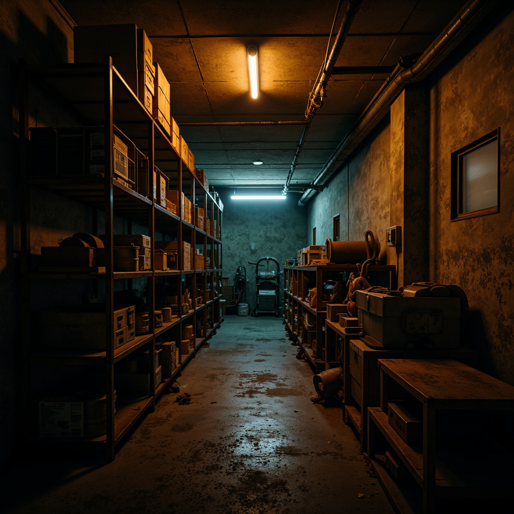 Prompt: Dimly lit storage room, eerie shadows, industrial metal shelving, rusty machinery, distressed walls, worn concrete floors, flickering fluorescent lights, warm golden lighting, mysterious atmosphere, dramatic contrast, high contrast ratio, cinematic mood, 1/2 composition, low-key lighting, subtle color grading, nuanced textures, ambient occlusion.