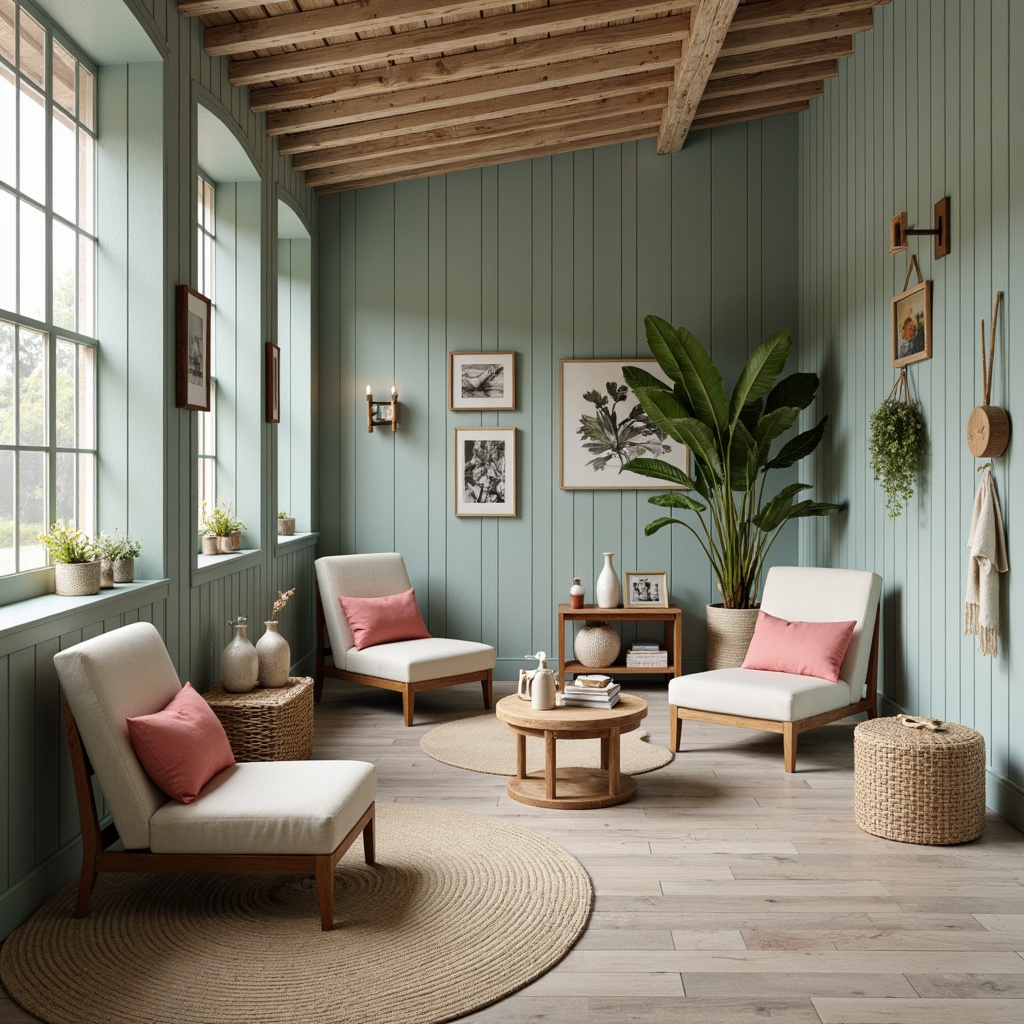 Prompt: Driftwood gray walls, seafoam green accents, sandy beige floors, ocean blue furniture, coral pink decorative elements, natural woven textiles, rattan chairs, distressed wood tables, nautical rope details, vintage marine hardware, soft creamy lighting, shallow depth of field, 1/1 composition, intimate atmosphere, realistic wood grain textures, ambient occlusion.