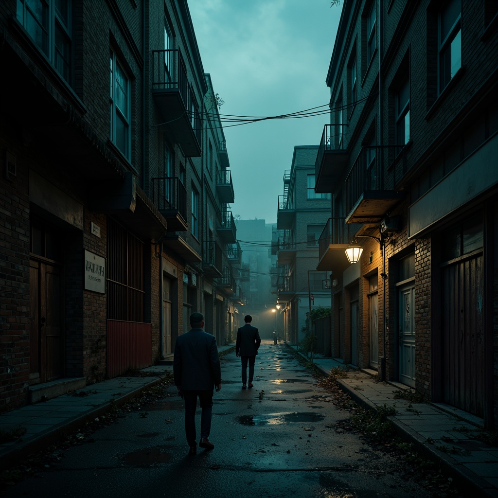 Prompt: Mysterious dark alleys, urban cityscape, gloomy night sky, dim streetlights, ominous fog, abandoned buildings, worn brick walls, rusty metal gates, eerie shadows, haunting silhouettes, dramatic chiaroscuro, deep rich blacks, dark blues, muted purples, somber greens, mysterious gold accents, low-key lighting, high contrast ratios, cinematic mood, film noir inspiration, gritty textures, rough stone surfaces, distressed wood, industrial decay.