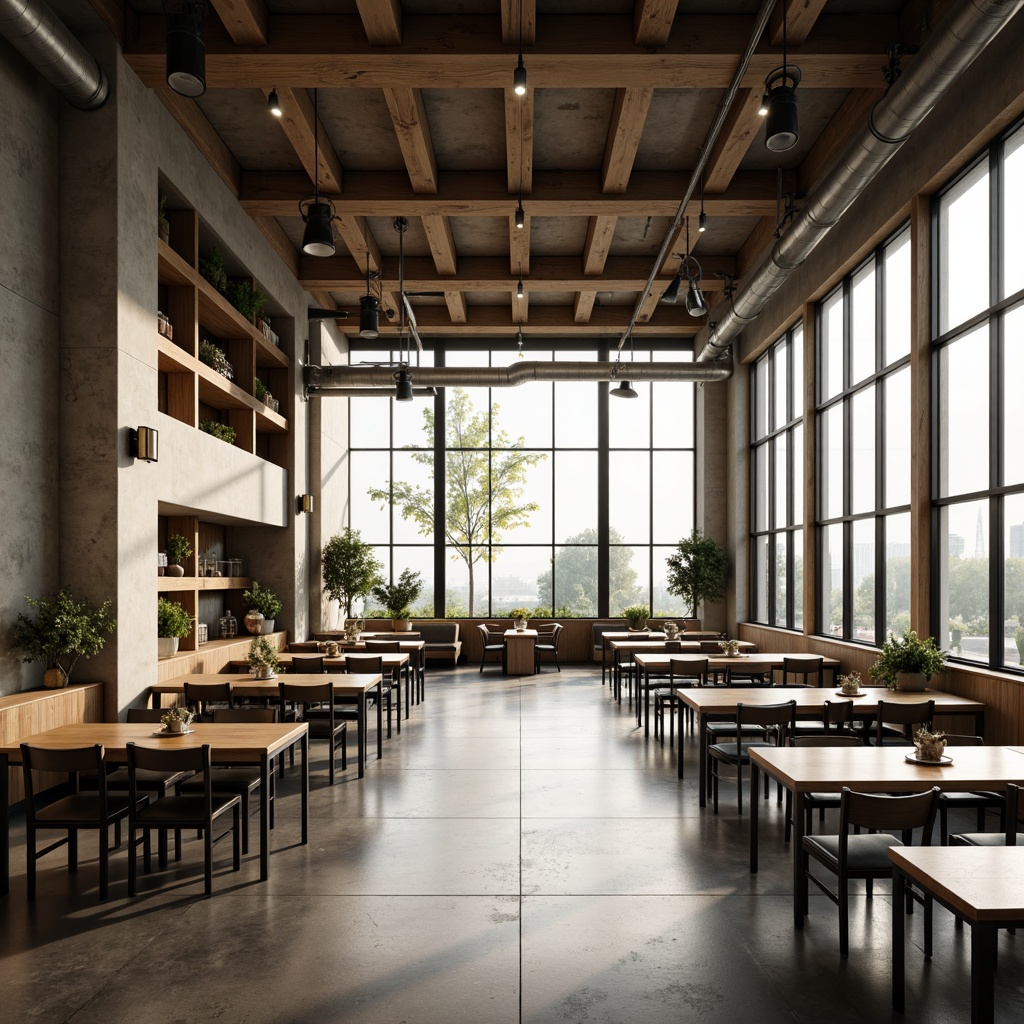 Prompt: Minimalist dining hall, sleek wooden tables, modern metal chairs, polished concrete floors, industrial-style lighting fixtures, minimalist decor, neutral color palette, natural stone walls, floor-to-ceiling windows, abundance of natural light, soft warm glow, shallow depth of field, 3/4 composition, panoramic view, realistic textures, ambient occlusion.