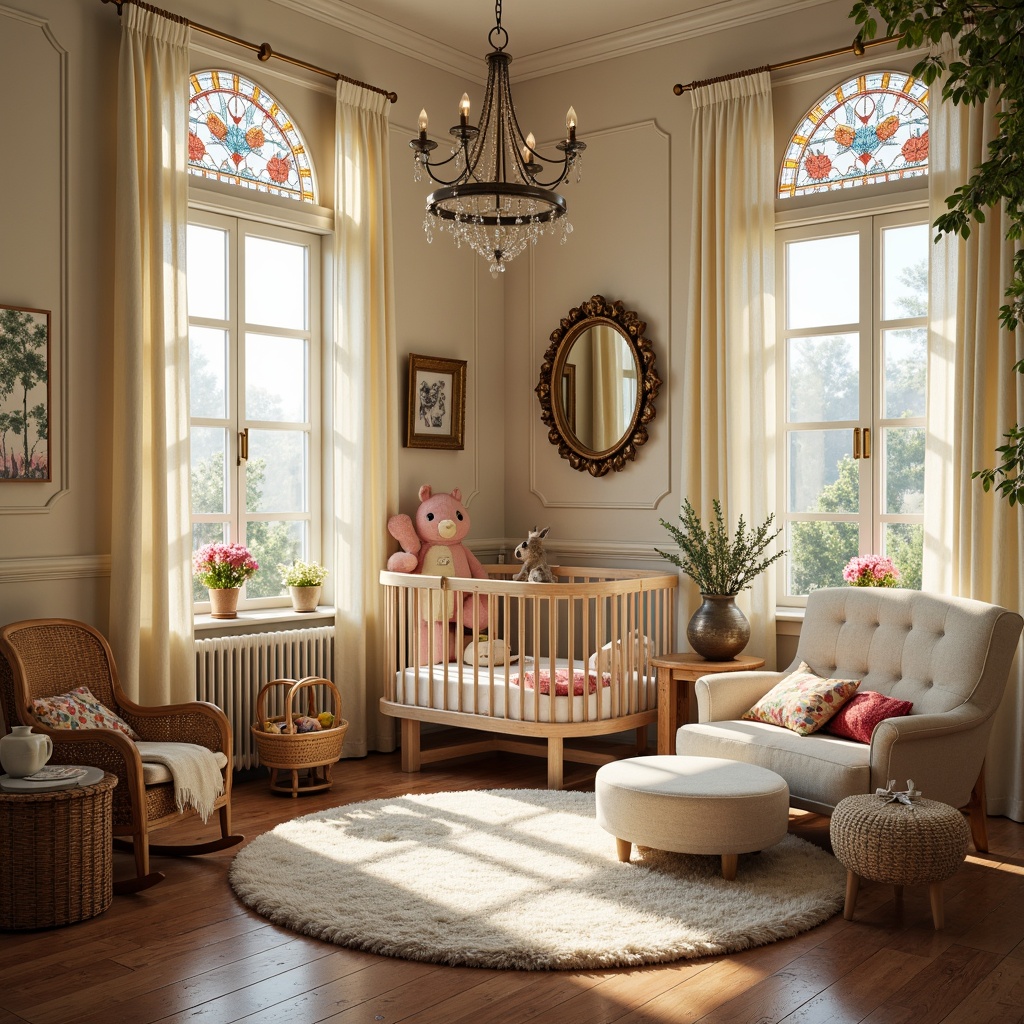 Prompt: Whimsical baby nursery, soft pastel colors, ornate wooden crib, delicate florals, sinuous lines, flowing curves, organic shapes, luxurious velvet fabrics, intricate metalwork, beaded chandeliers, stained glass windows, plush area rugs, wicker rocking chairs, antique furniture pieces, vintage toys, distressed finishes, warm golden lighting, shallow depth of field, 1/1 composition, realistic textures, ambient occlusion.