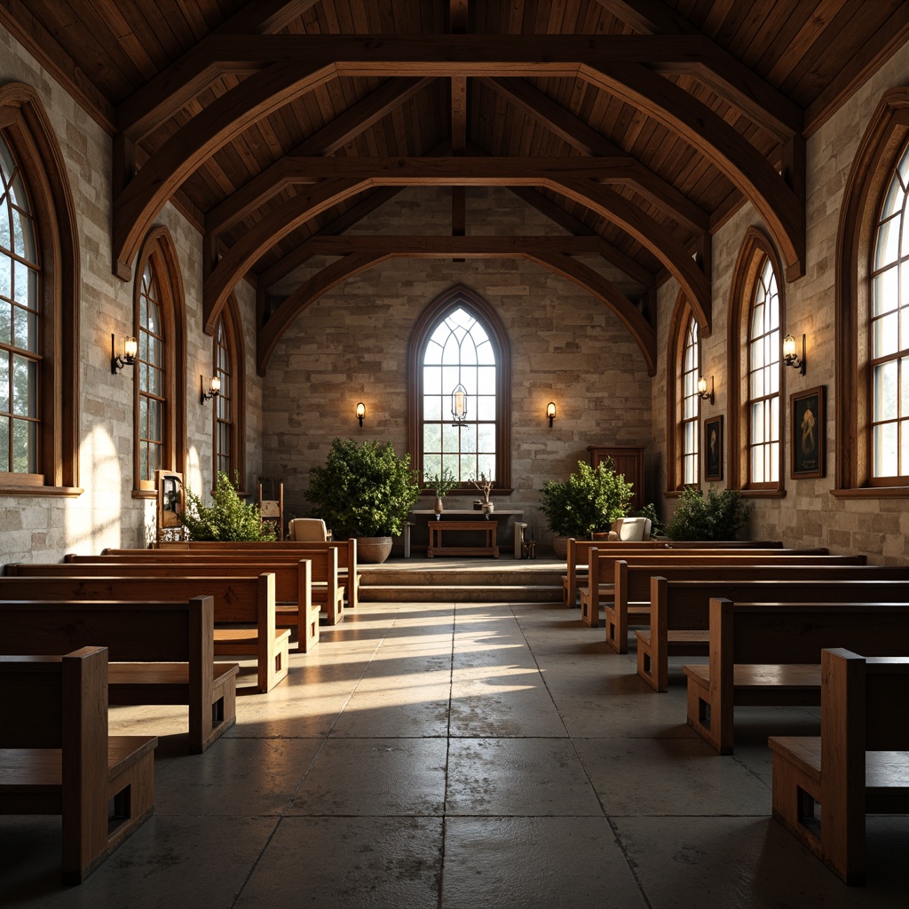 Prompt: Rustic church interior, open floor plan, wooden beams, stone walls, natural light pouring in, stained glass windows, wooden pews, vintage lanterns, distressed wood accents, earthy color palette, candlelit ambiance, soft warm lighting, shallow depth of field, 1/1 composition, realistic textures, ambient occlusion.