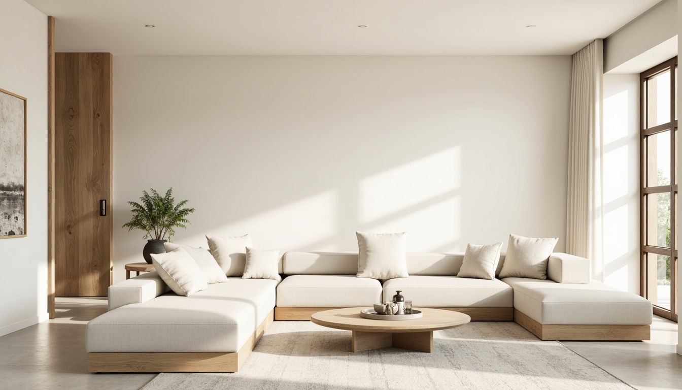 Prompt: Monochromatic color scheme, soft creamy whites, warm beige tones, subtle grays, natural wood accents, sleek metal lines, minimalist decor, sparse furniture arrangement, plenty of negative space, calming atmosphere, diffused softbox lighting, shallow depth of field, 1/1 composition, realistic textures, ambient occlusion.