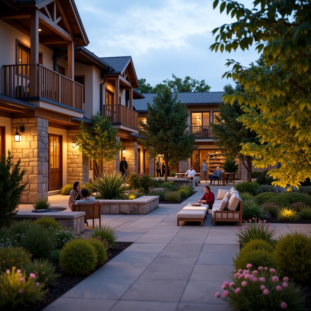 Prompt: Warm and inviting campus courtyard, rustic craftsman style buildings, natural stone walls, wooden accents, lantern-style lighting, warm golden illumination, cozy reading nooks, comfortable seating areas, lush greenery, blooming flowers, soft warm lighting, shallow depth of field, 3/4 composition, panoramic view, realistic textures, ambient occlusion.