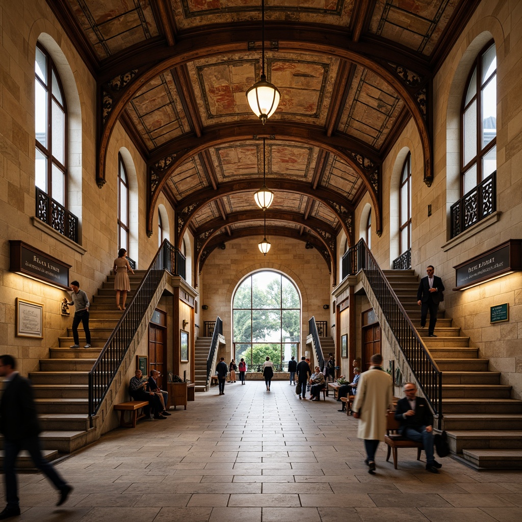 Prompt: Ornate metro station, rustic stone walls, distressed wooden beams, vintage metal lanterns, intricate ironwork, curved staircases, grand archways, elegant chandeliers, soft warm lighting, limestone flooring, ornamental tiles, decorative moldings, classic French country style, romantic ambiance, subtle earth tones, natural materials, rustic textures, high ceilings, spacious platforms, bustling atmosphere, morning commute, gentle camera movement, 1/2 composition, shallow depth of field.