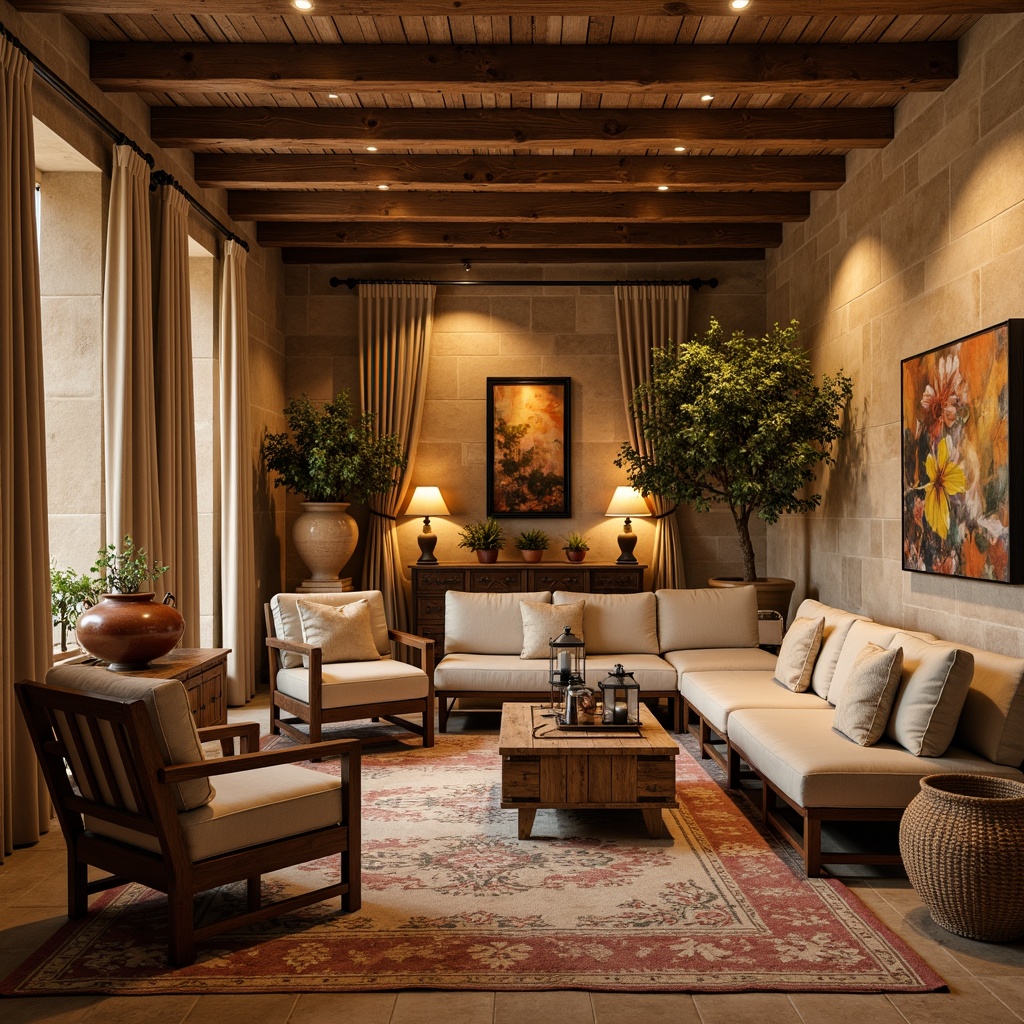 Prompt: Cozy Mediterranean basement, warm earthy tones, rustic stone walls, reclaimed wood accents, plush area rugs, comfortable sectional sofas, distressed leather armchairs, wooden coffee tables, woven rattan baskets, potted olive trees, vintage metal lanterns, soft golden lighting, warm beige curtains, natural fiber upholstery, ornate ceramic vases, terracotta planters, rustic metal decor, warm color palette, inviting atmosphere, relaxed seating areas, ambient shadows, shallow depth of field, 1/2 composition.