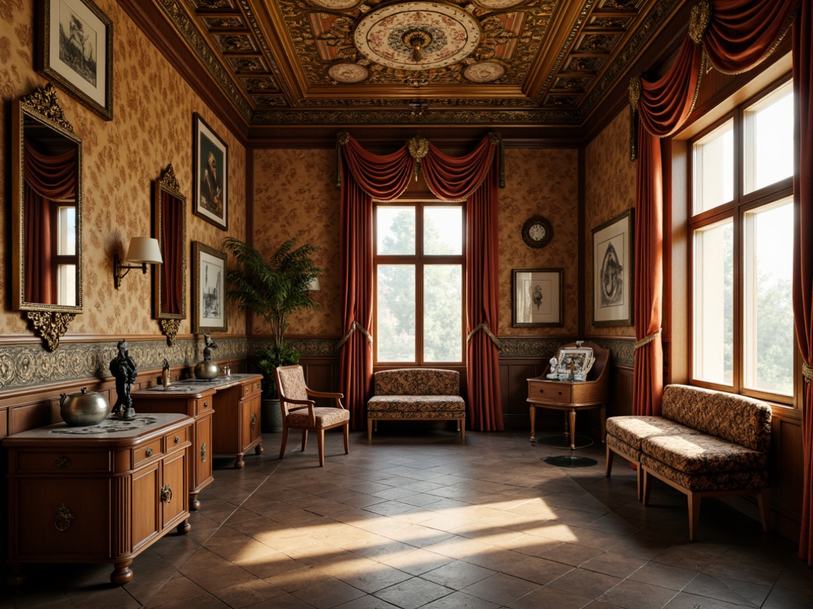 Prompt: Richly ornamented walls, intricately patterned wallpaper, ornate mirrors, luxurious velvet drapes, elegant crown molding, distressed wood paneling, vintage medical illustrations, antique dental equipment displays, warm golden lighting, soft focus, shallow depth of field, 1/2 composition, realistic textures, ambient occlusion.