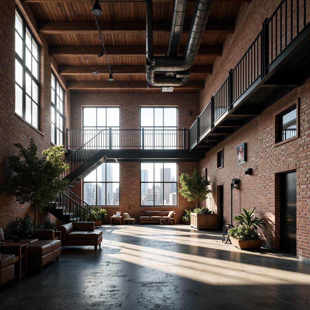 Prompt: Exposed brick walls, metal beams, industrial chic decor, reclaimed wood accents, urban loft atmosphere, natural light pouring in, oversized windows, concrete floors, metallic staircases, distressed finishes, vintage factory machinery, urban cityscape views, dramatic shadows, high contrast lighting, shallow depth of field, 2/3 composition, cinematic mood, realistic textures, ambient occlusion.