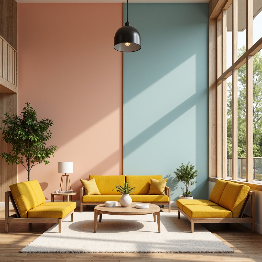 Prompt: Vibrant modern interior, pastel hues, soft peach tones, calming blue accents, neutral beige background, bold yellow highlights, rich wood textures, sleek metal frames, minimalist decor, natural light pouring in, shallow depth of field, 1/1 composition, warm atmosphere, cozy ambiance.