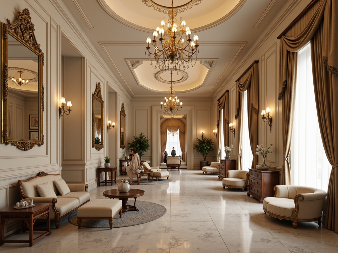 Prompt: Elegant classical interior, ornate moldings, neutral color palette, luxurious fabrics, rich wood paneling, carved furniture, grand chandeliers, symmetrical compositions, subtle lighting effects, warm beige walls, cream-colored ceilings, intricate plasterwork, gilded accents, velvet drapes, polished marble floors, ornamental mirrors, refined furnishings, sophisticated textures, shallow depth of field, 2/3 composition, softbox lighting, realistic reflections.