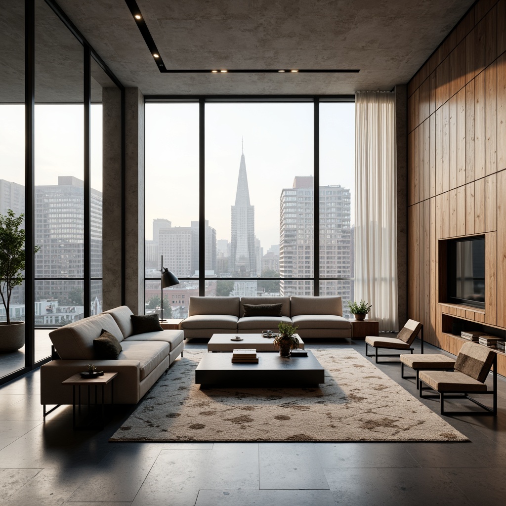 Prompt: Minimalist living room, low-profile sofas, sleek coffee tables, industrial metal chairs, reclaimed wood accents, geometric patterned rugs, monochromatic color scheme, floor-to-ceiling windows, natural light pouring in, urban cityscape views, warm ambient lighting, 1/1 composition, shallow depth of field, realistic textures, ambient occlusion.