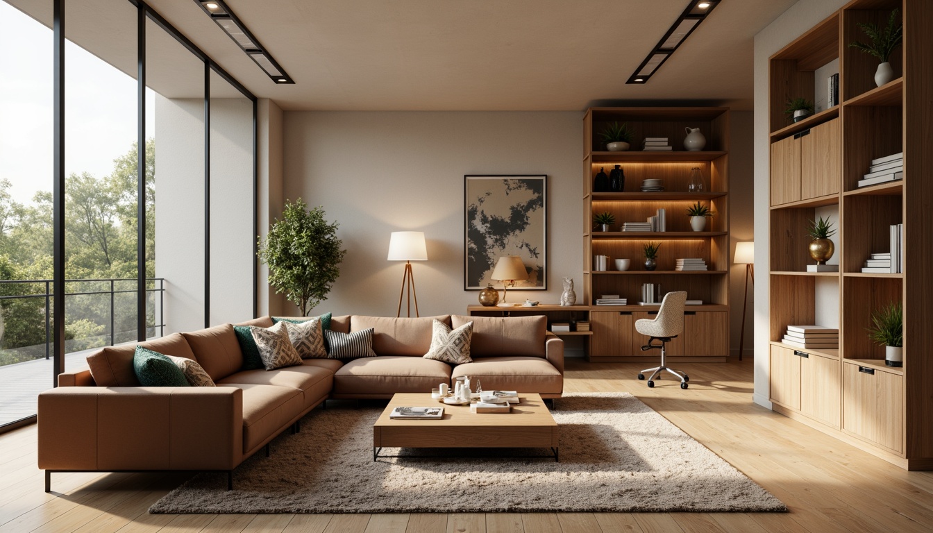 Prompt: Modern living room, sleek low-profile sofa, plush area rug, minimalist coffee table, floor-to-ceiling windows, natural daylight, warm beige walls, polished hardwood floors, functional shelving units, geometric-patterned throw pillows, cozy reading nook, task-oriented desk, ergonomic office chair, ambient soft lighting, 1/1 composition, realistic textures, subtle color palette, inviting atmosphere.