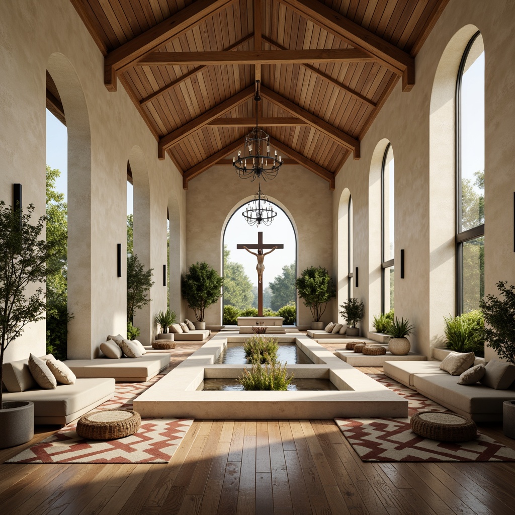 Prompt: Serenity-filled monastery interior, modern minimalist design, creamy stone walls, polished wooden floors, vaulted ceilings, grand chandeliers, ornate crucifixes, tranquil water features, lush greenery, natural light pouring in through large windows, soft warm glow of candles, comfortable plush furniture, geometric patterned rugs, subtle earthy tones, calming ambiance, shallow depth of field, 2/3 composition, atmospheric lighting, realistic textures.