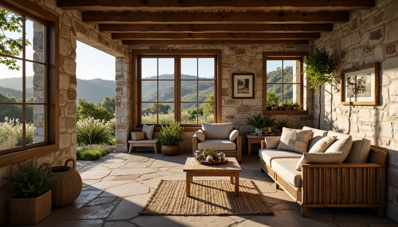 Prompt: Rustic farmhouse, natural stone walls, wooden beams, vintage windows, soft warm lighting, morning sunlight, gentle shadows, earthy color palette, woven textiles, distressed wood furniture, lush greenery, blooming wildflowers, rolling hills, countryside views, serene atmosphere, shallow depth of field, 1/1 composition, realistic textures, ambient occlusion.