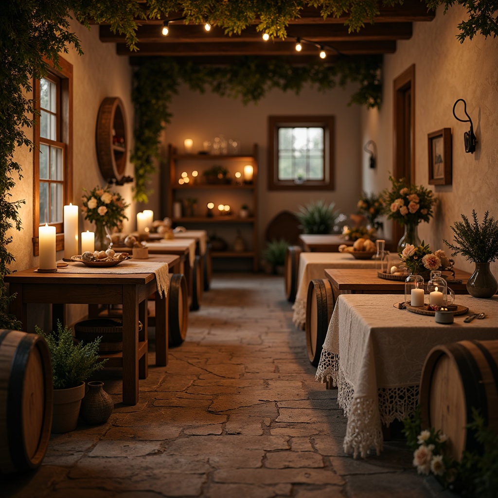 Prompt: Rustic winery setting, vintage distressed wood, soft candlelight, earthy tone fabrics, natural linen textures, floral patterns, lace trimmings, pastel color palette, worn brick walls, wooden barrels, grapevine accents, dim warm lighting, shallow depth of field, 1/2 composition, intimate atmosphere, realistic wood grain, ambient occlusion.