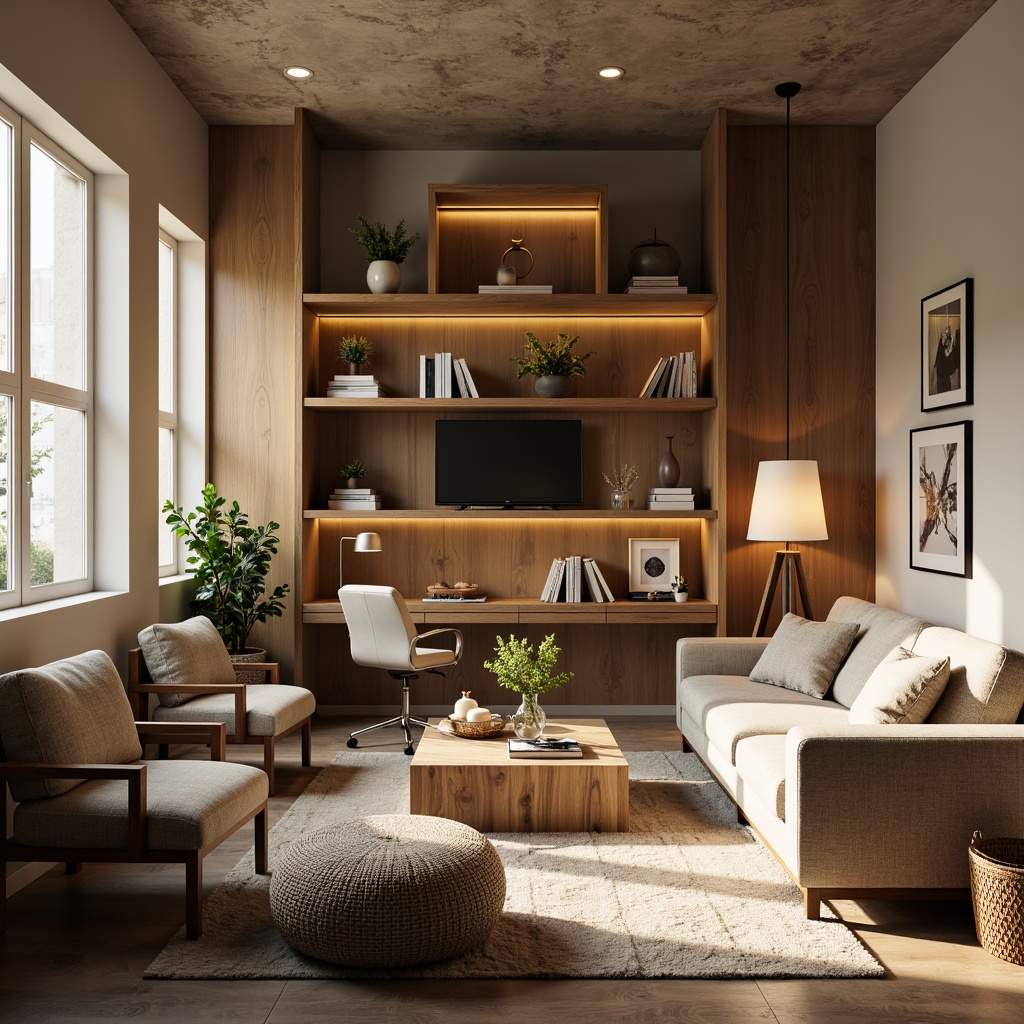 Prompt: Cozy living room, plush sofas, ergonomic chairs, wooden coffee tables, soft cushions, warm lighting, natural fabrics, earthy tones, minimalist decor, functional shelving units, compact desks, adjustable lamps, comfortable Ottomans, stylish rugs, calming color schemes, inviting textures, 1/1 composition, soft focus, realistic rendering.