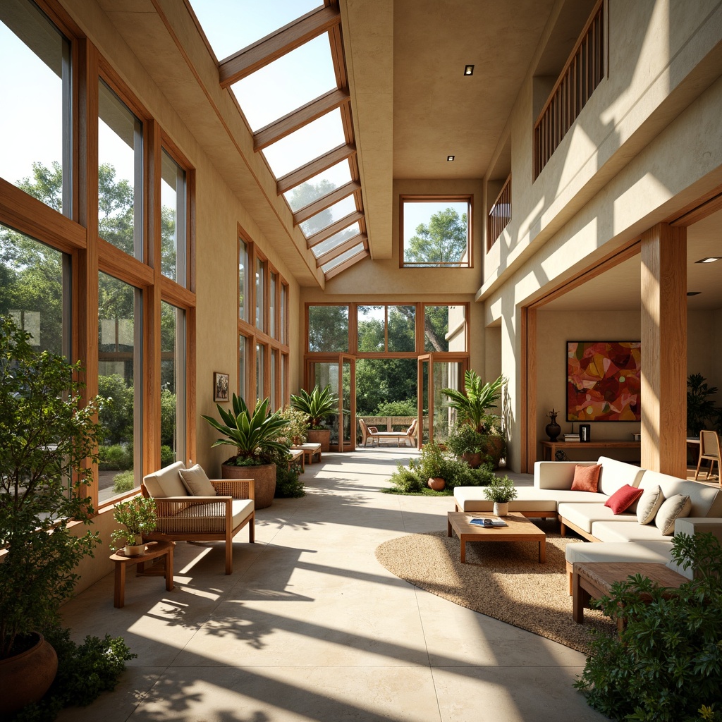 Prompt: Vibrant sunroom, abundant natural light, clerestory windows, skylights, sliding glass doors, minimalist decor, organic shapes, earthy tones, wooden accents, rattan furniture, potted plants, lush greenery, warm beige walls, polished concrete floors, geometric patterns, abstract artwork, cozy reading nooks, comfortable seating areas, soft warm lighting, shallow depth of field, 1/1 composition, panoramic view, realistic textures, ambient occlusion.