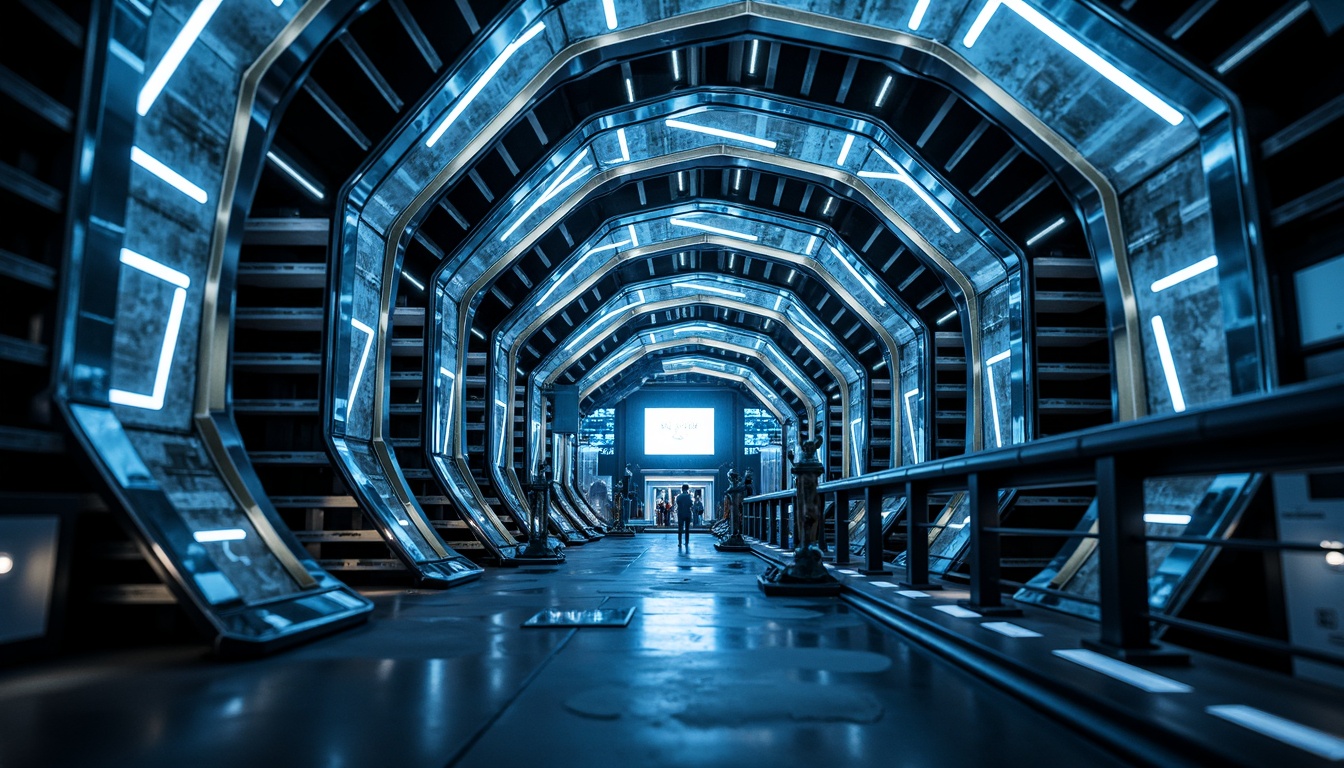 Prompt: Futuristic staircase, spiral metal railings, LED strip lighting, glass balustrades, cantilevered treads, sleek minimalist design, polished chrome accents, glossy black handrails, high-tech materials, futuristic textures, neon-lit ambiance, shallow depth of field, 3/4 composition, panoramic view, realistic reflections, ambient occlusion.