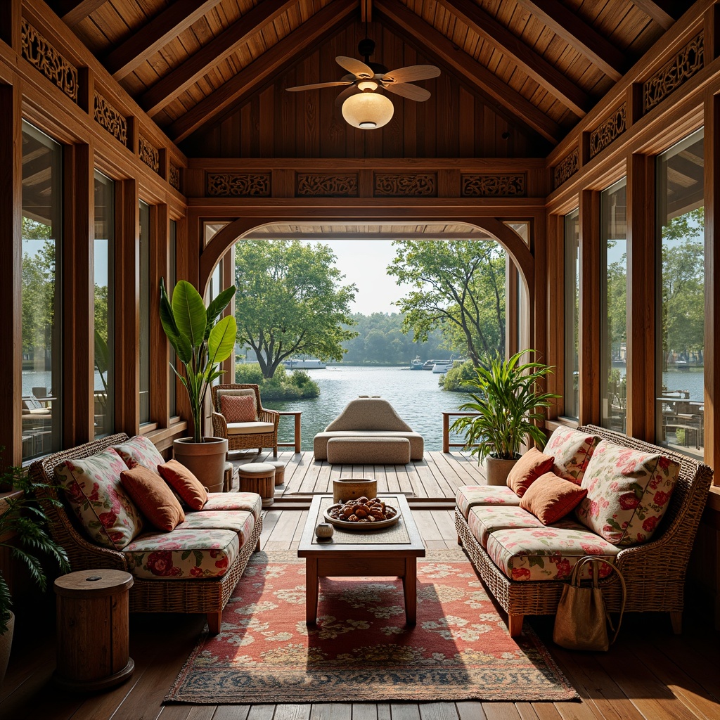 Prompt: Cozy boathouse interior, traditional Asian-inspired decor, natural textiles, woven rattan furniture, plush silk cushions, vibrant batik prints, rich wood accents, intricate carvings, warm lantern lighting, tranquil water views, lush greenery, serene atmosphere, shallow depth of field, 1/1 composition, soft warm glow, realistic textures, ambient occlusion.