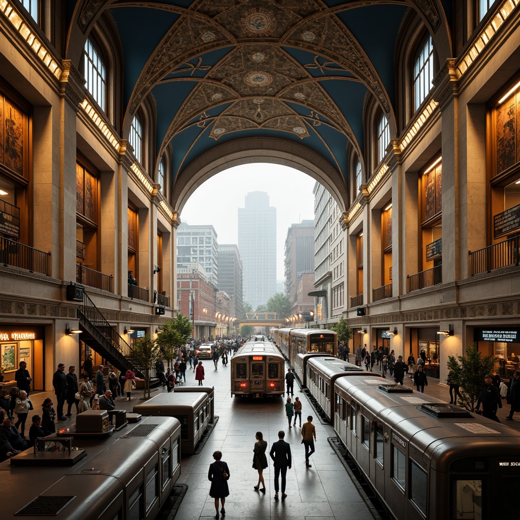 Prompt: Vibrant train station, grandiose architecture, ornate details, sweeping arches, vaulted ceilings, intricate mosaics, bustling atmosphere, rush hour crowds, urban landscape, cityscape views, elevated platforms, staircases, escalators, ticketing areas, departure boards, nostalgic train cars, modern rail networks, dynamic lighting, dramatic shadows, 1-point perspective composition, atmospheric fog, misty morning, warm color palette, tactile textures, ambient soundscape.