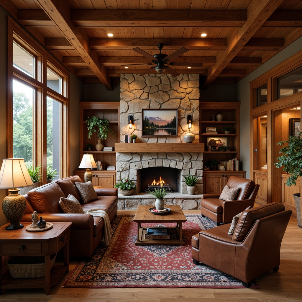 Prompt: Cozy living room, warm wood tones, rich brown leather furniture, plush area rugs, earthy color palette, natural stone fireplace, wooden beam ceiling, craftsman-style crown molding, ornate wooden trim, decorative wainscoting, soft warm lighting, shallow depth of field, 1/1 composition, realistic textures, ambient occlusion.