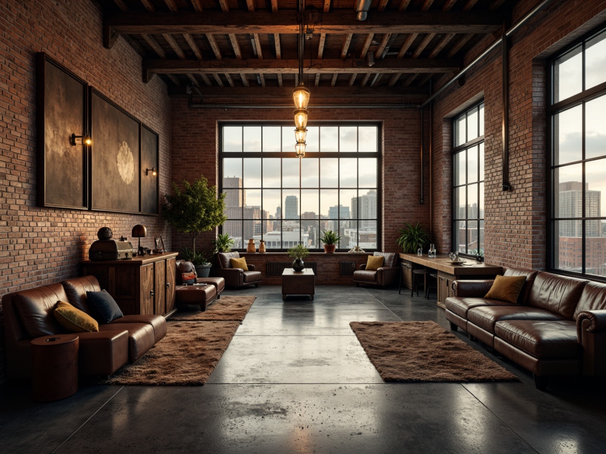 Prompt: Rustic industrial warehouse, exposed brick walls, metal beams, reclaimed wood accents, polished concrete floors, distressed leather furniture, vintage factory equipment, Edison bulb lighting, urban cityscape views, cloudy grey skies, warm golden hour lighting, shallow depth of field, 1/1 composition, dramatic shadows, realistic textures, ambient occlusion.