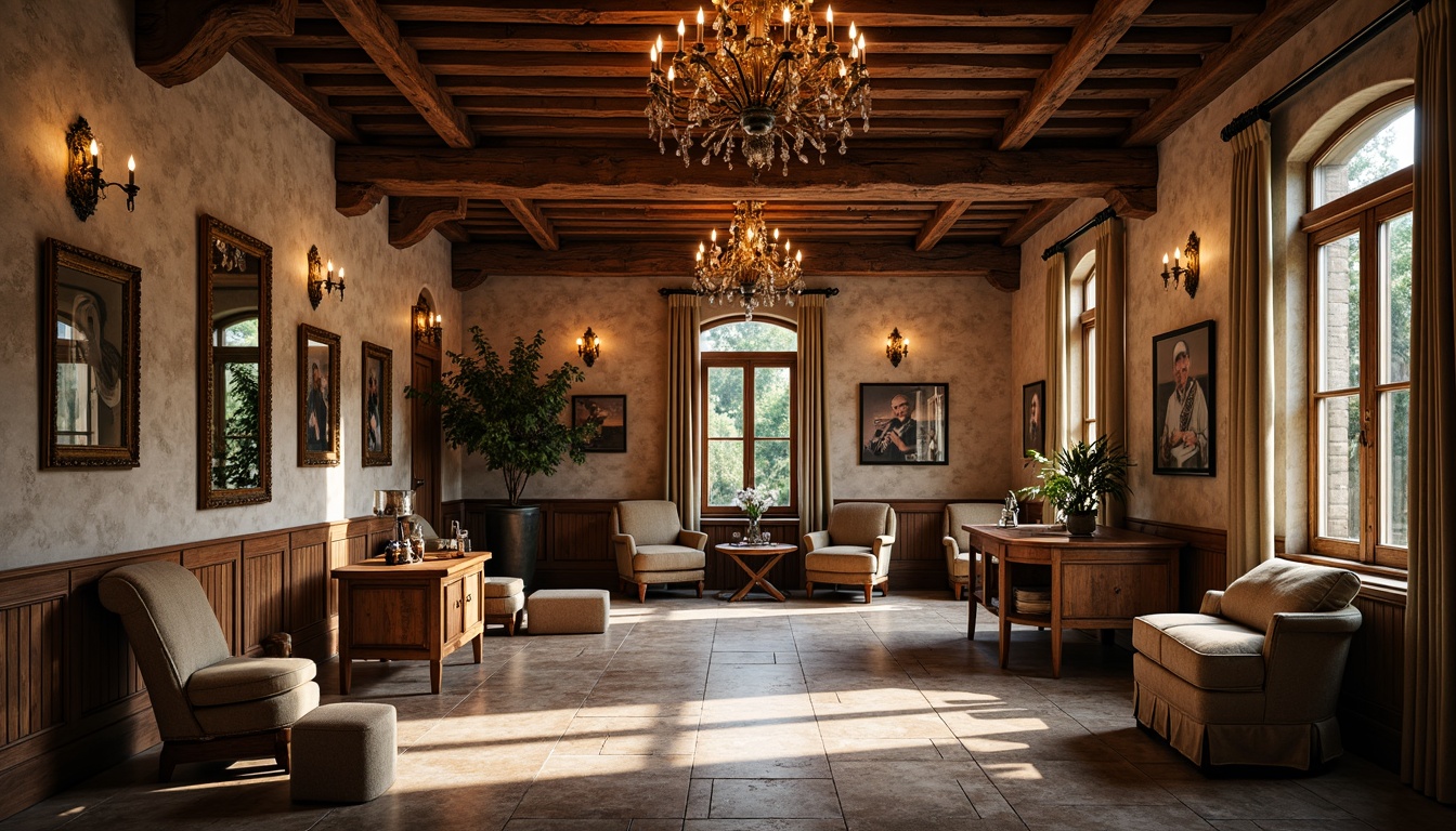 Prompt: Rustic hall, wooden accents, distressed flooring, vintage furniture, earthy color palette, natural stone walls, wooden beam ceilings, grand chandeliers, ornate mirrors, luxurious fabrics, lavish decorations, warm ambient lighting, soft focus, shallow depth of field, 1/2 composition, atmospheric perspective, realistic textures, subtle grain.