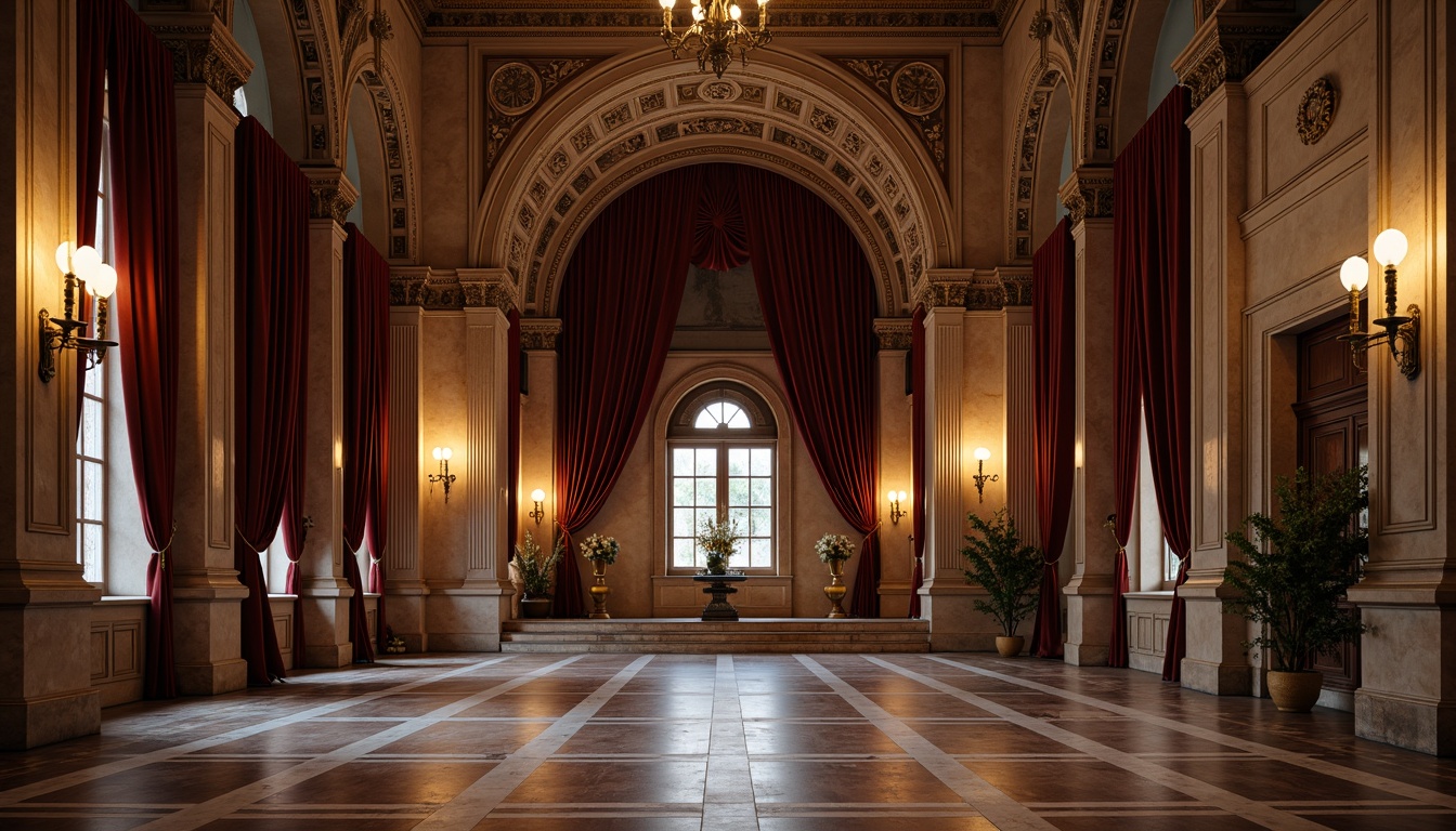 Prompt: Elegant interior space, ornate columns, intricately carved capitals, classical Renaissance Revival style, grandiose high ceilings, decorative arches, luxurious velvet drapes, gilded accents, rich wood paneling, marble flooring, subtle warm lighting, 1/2 composition, shallow depth of field, soft focus, atmospheric perspective.