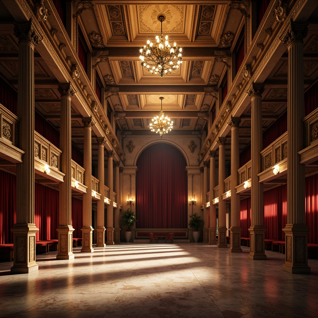 Prompt: Grandiose amphitheater interior, classic Greek columns, ornate carvings, marble floors, velvet drapes, golden chandeliers, warm softbox lighting, subtle gradient effects, dramatic spotlights, accentuating archways, gentle fill lights, cinematic high-contrast ratios, 1/2 composition, symmetrical framing, realistic material reflections, ambient occlusion.