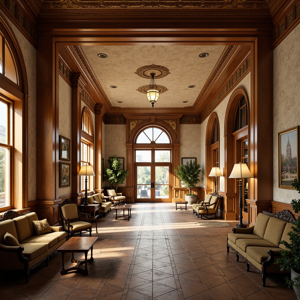 Prompt: Ornate community center, Victorian-era inspired architecture, grand entrance hall, high ceilings, intricate moldings, patterned wallpaper, plush velvet sofas, wooden rocking chairs, antique coffee tables, vintage pendant lamps, rich wood tones, warm beige fabrics, soft golden lighting, shallow depth of field, 1/1 composition, realistic textures, ambient occlusion.