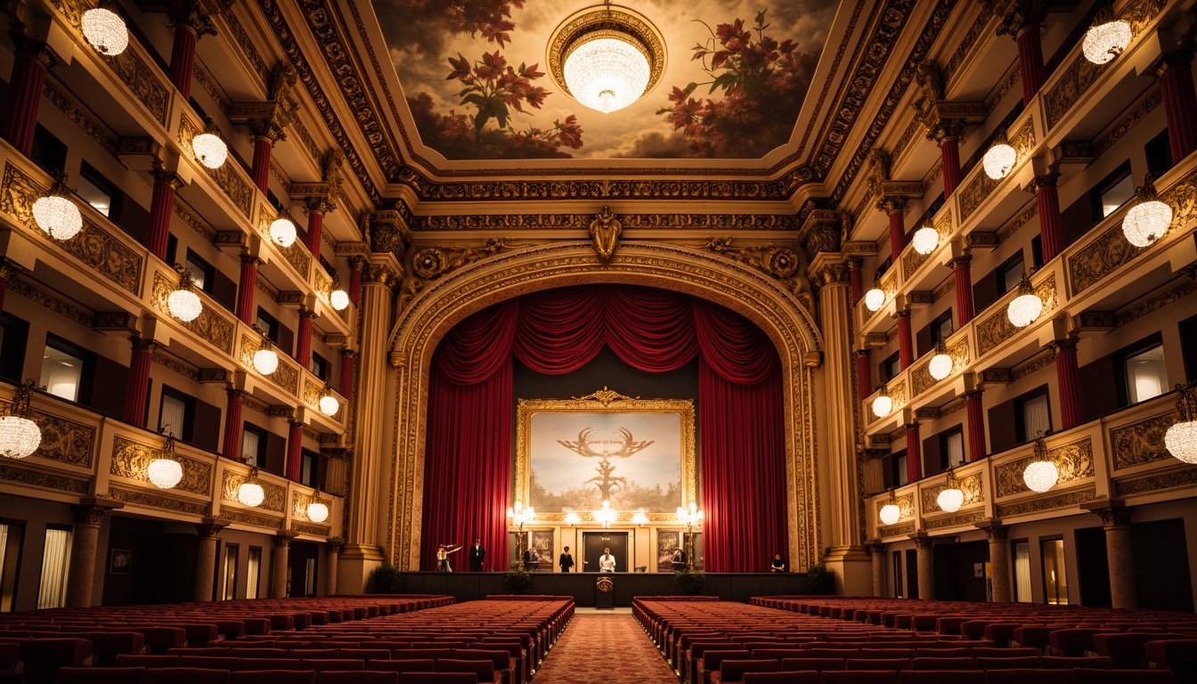 Prompt: Ornate theater interior, neoclassical style, grandiose arches, intricately carved moldings, golden accents, crimson velvet curtains, ornamental pilasters, marble columns, frescoed ceilings, crystal chandeliers, tiered seating areas, plush red upholstery, intricate patterned rugs, dramatic spot lighting, warm golden glow, shallow depth of field, 2/3 composition, symmetrical framing, high-contrast textures, ambient occlusion.