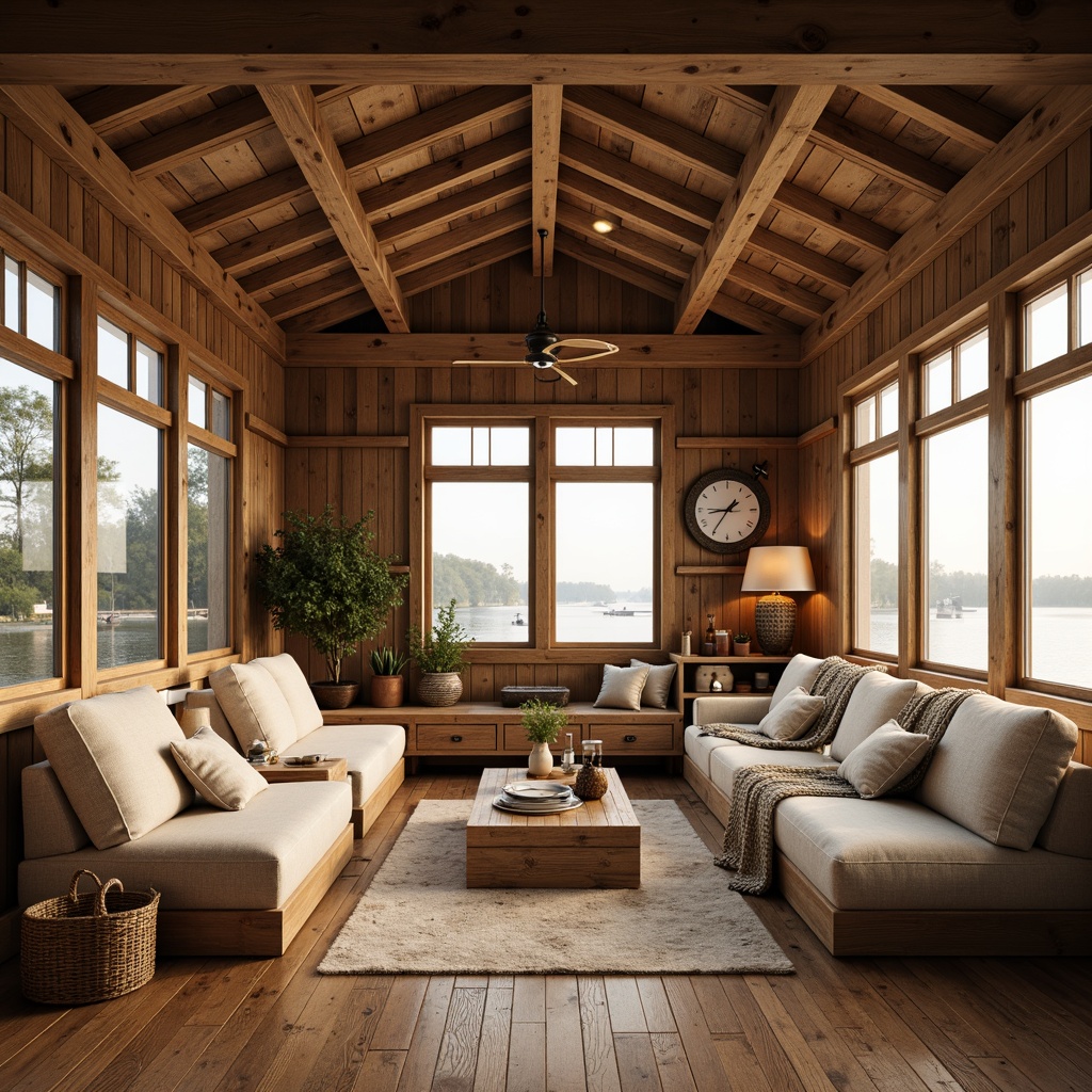 Prompt: Cozy boathouse interior, rustic wooden accents, reclaimed wood planks, warm beige tones, nautical decorations, vintage marine hardware, soft cream-colored upholstery, plush throw blankets, natural textiles, earthy color palette, intimate gathering spaces, dramatic ceiling heights, exposed wooden beams, industrial-style lighting fixtures, subtle wood grain patterns, organic shapes, lake-inspired accessories, serene atmosphere, morning mist, warm golden lighting, shallow depth of field, 1/2 composition, realistic reflections.