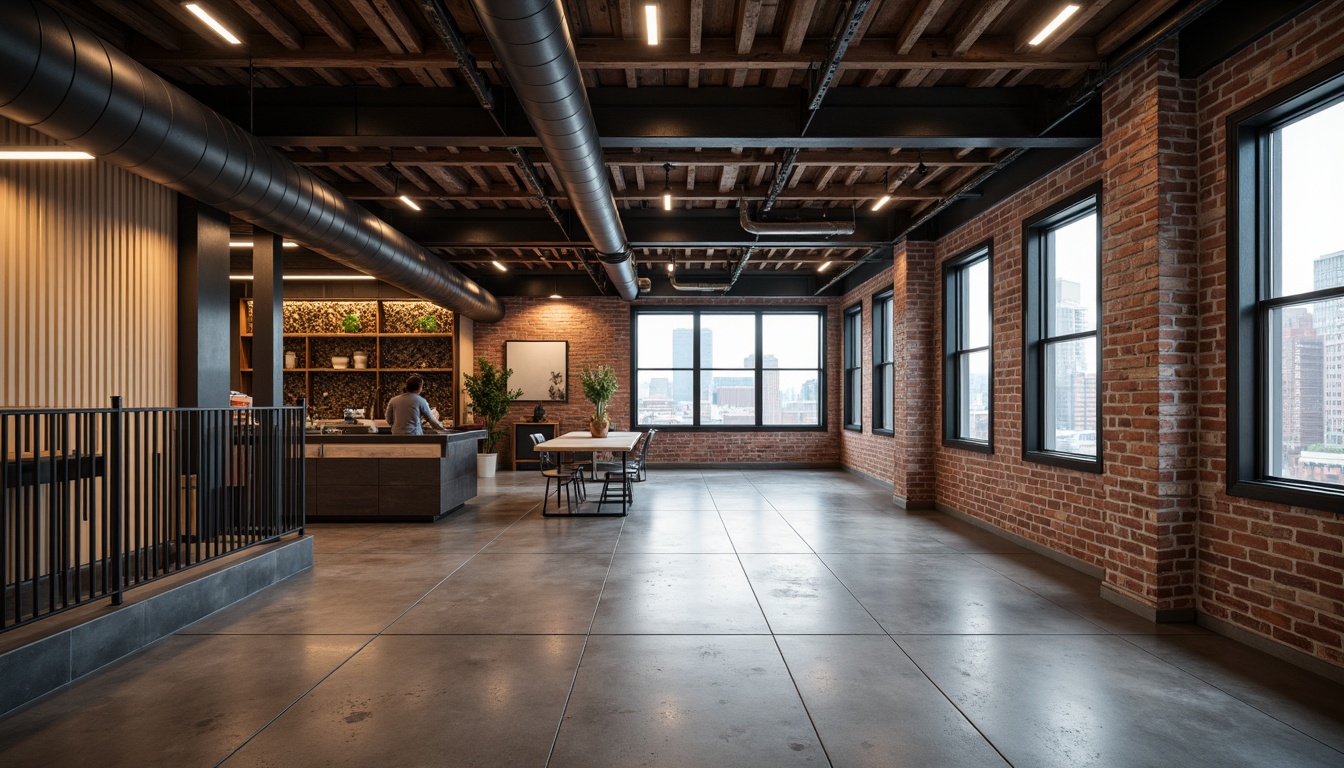 Prompt: Exposed brick walls, distressed wood accents, metal beams, polished concrete floors, industrial-grade steel structures, corrugated metal cladding, reclaimed wood textures, urban loft atmosphere, minimalist lighting fixtures, Edison bulbs, matte black metalwork, rough-hewn stone surfaces, functional pipes and ducts, high ceilings, open floor plans, gritty cityscape views, soft natural light, low-angle photography, 2/3 composition, gritty realistic textures, subtle ambient occlusion.